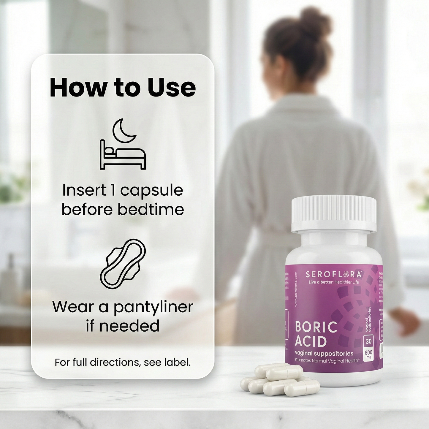 Seroflora Boric Acid Vaginal Suppositories 600mg 30 Count.