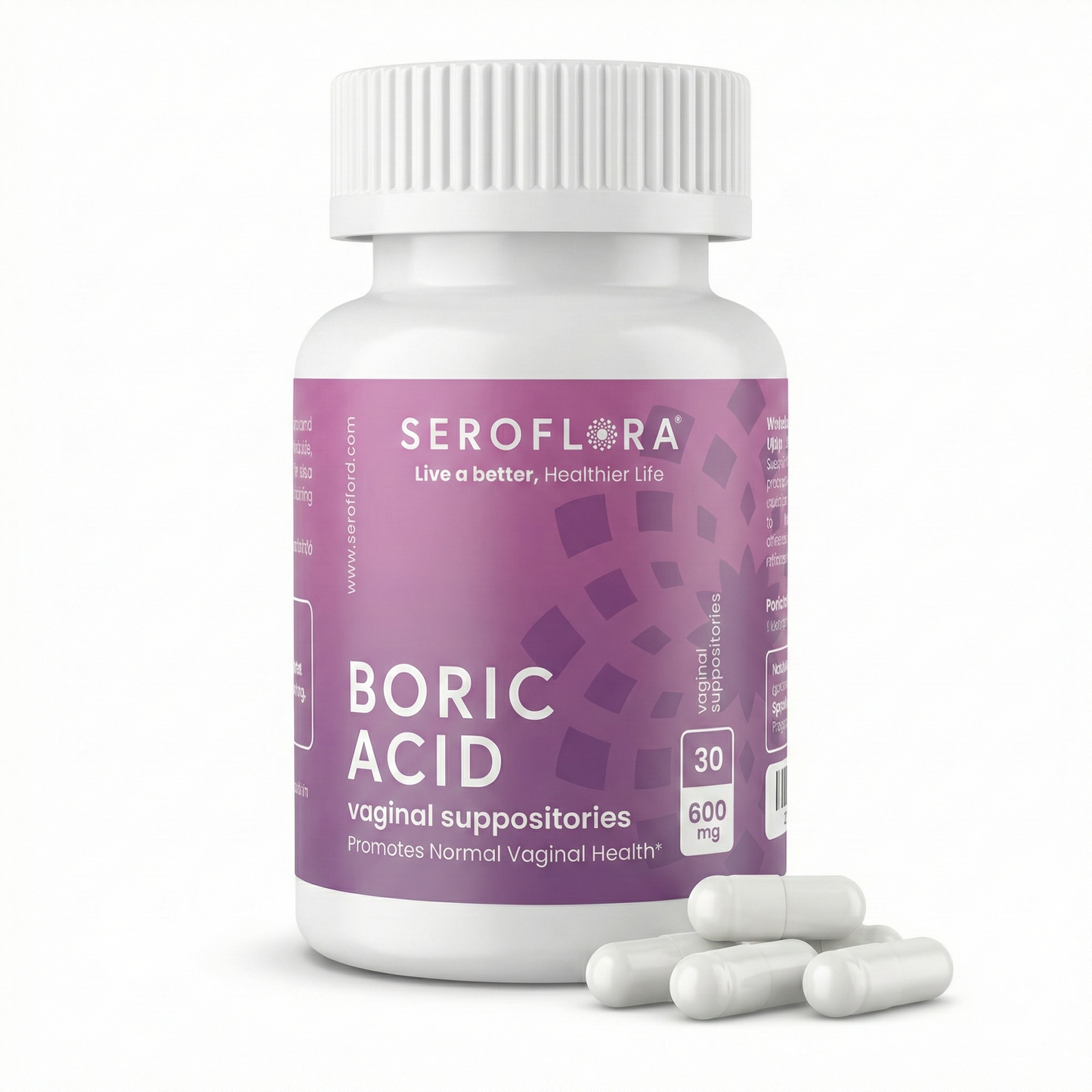 Seroflora Boric Acid Vaginal Suppositories 600mg 30 Count.